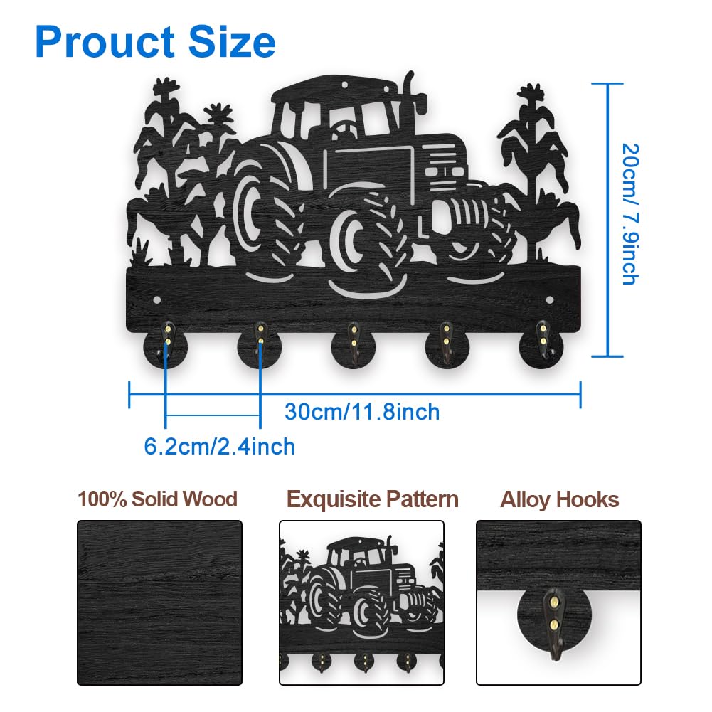 MAYJOYDIY Wooden Tractor Corn Field Coat Hooks Farm Vehicle Crops Key Holder for Wall 11.8×7.9inch Decorative Gift Wall Key Rack Organizer 5 Alloy Hooks for Farmhouse Kitchen Entryway
