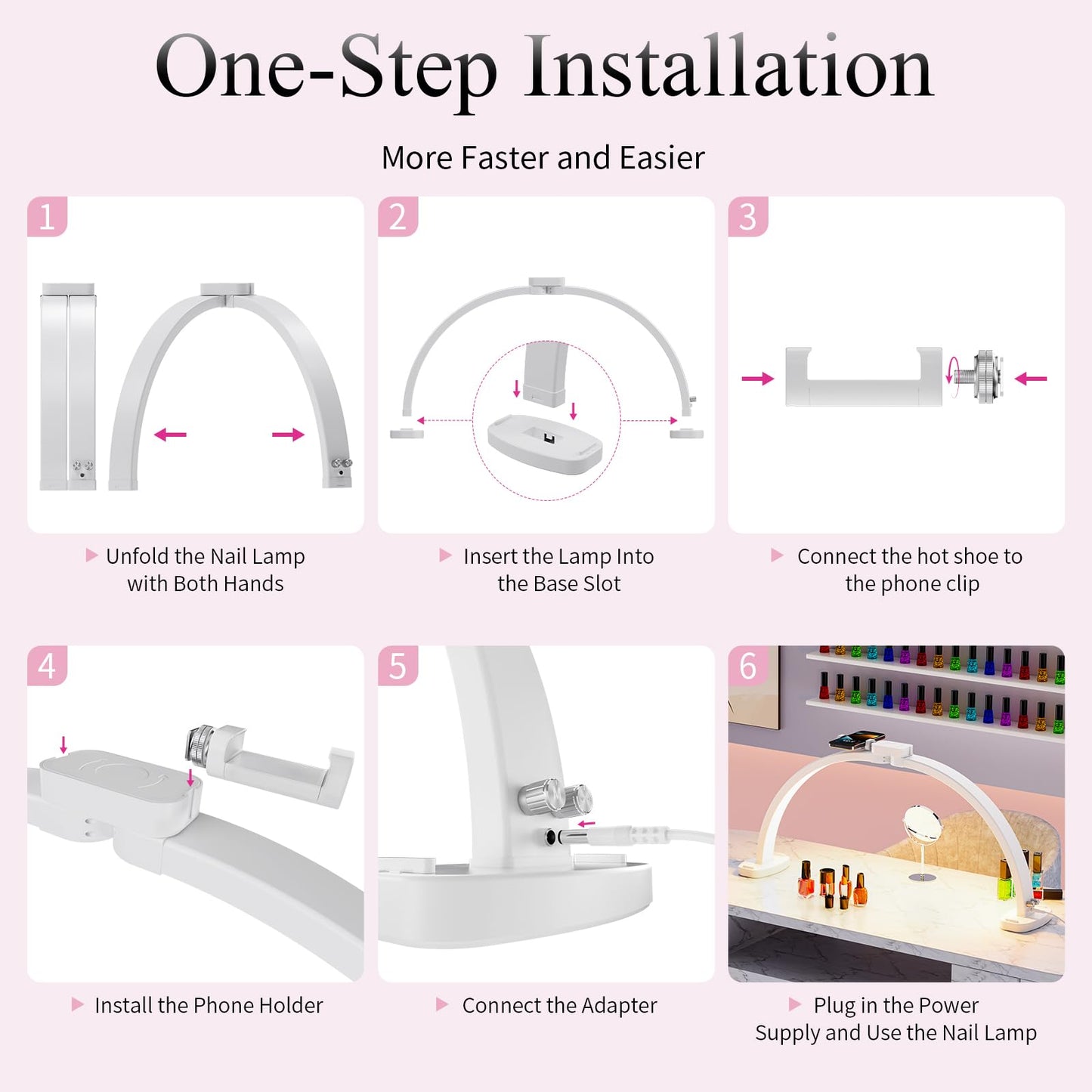 TideNaga Nail Light for Desk, 31" Foldable Half Moon Nail Desk Lamp with Phone Stand Perfect for Beginner, Color Temperature/Brightness Stepless Adjustment Arch Tech Light (White)