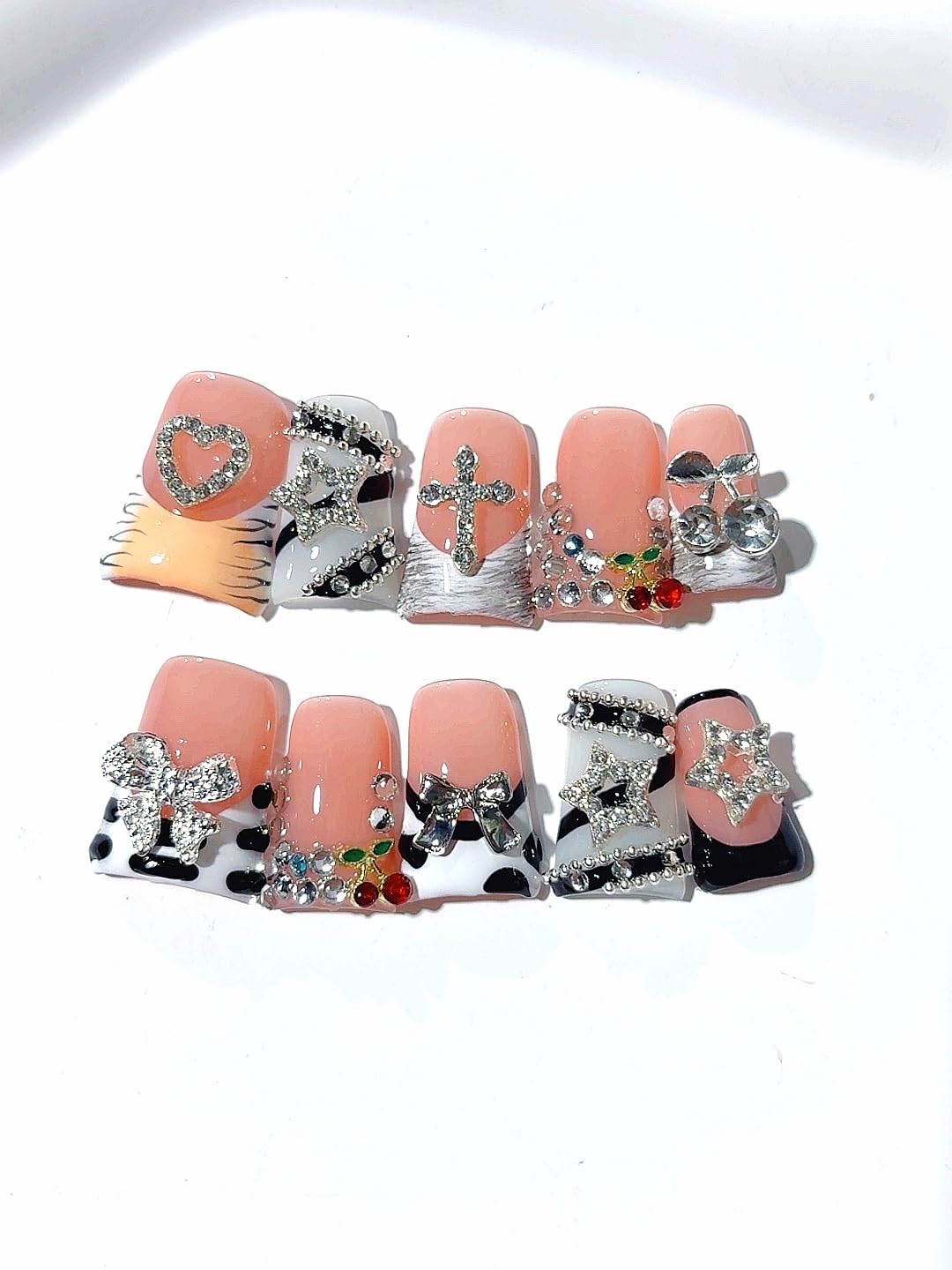 Handmade Press On Nails Set, Pink Cow Print Design with Rhinestone Heart Cross Cherry Decorations, Stiletto Shape False Nails, 10 Pieces (L260, Long)