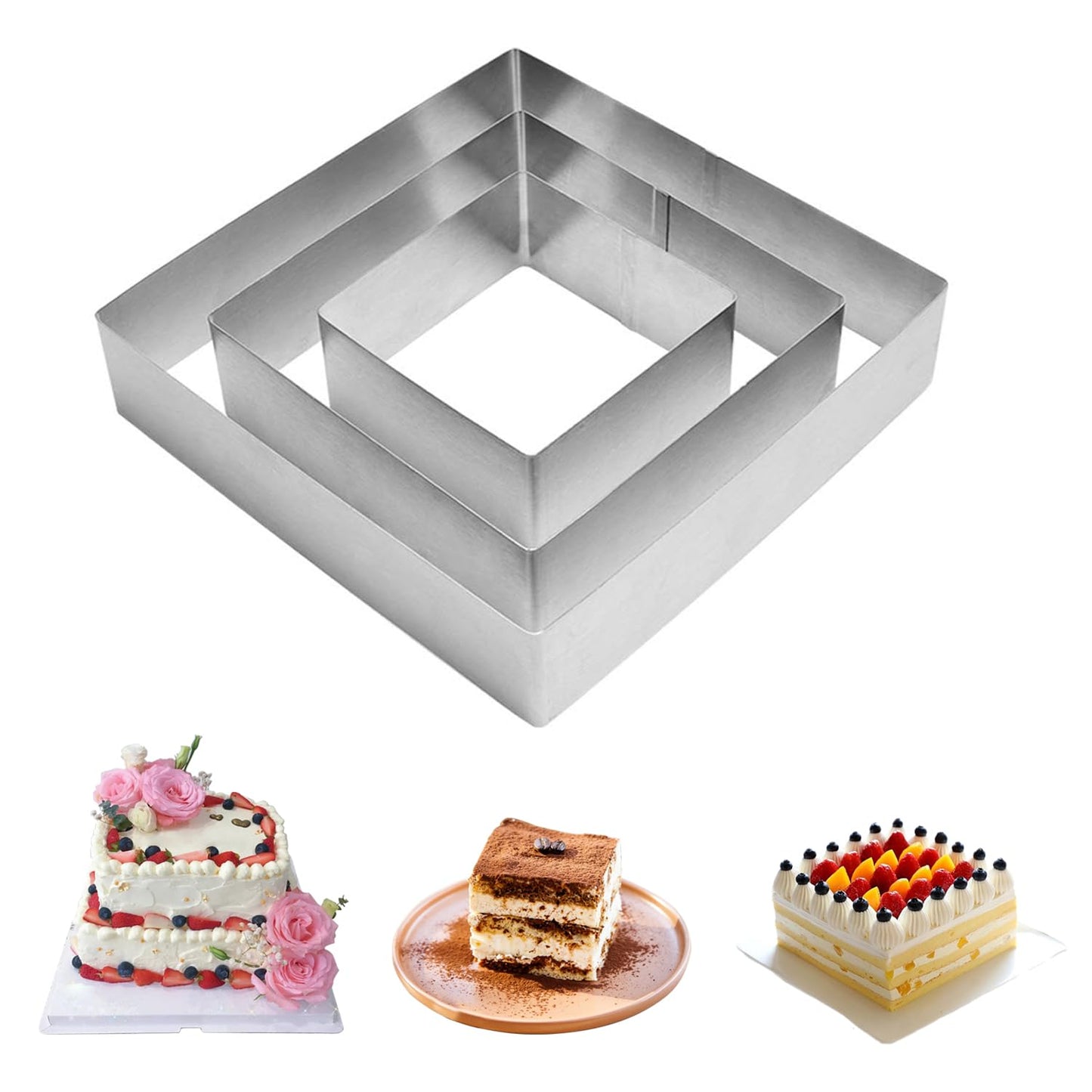 Cake Ring,Cake Mold,4/6/8 Inch Round Cake Mold, 3 Packs Rectangular Cookie Cutter Set, Stainless Steel Biscuit Cutters for Cooking Crumpets Eggs Pastry Mousse Desserts(Silver - Square)