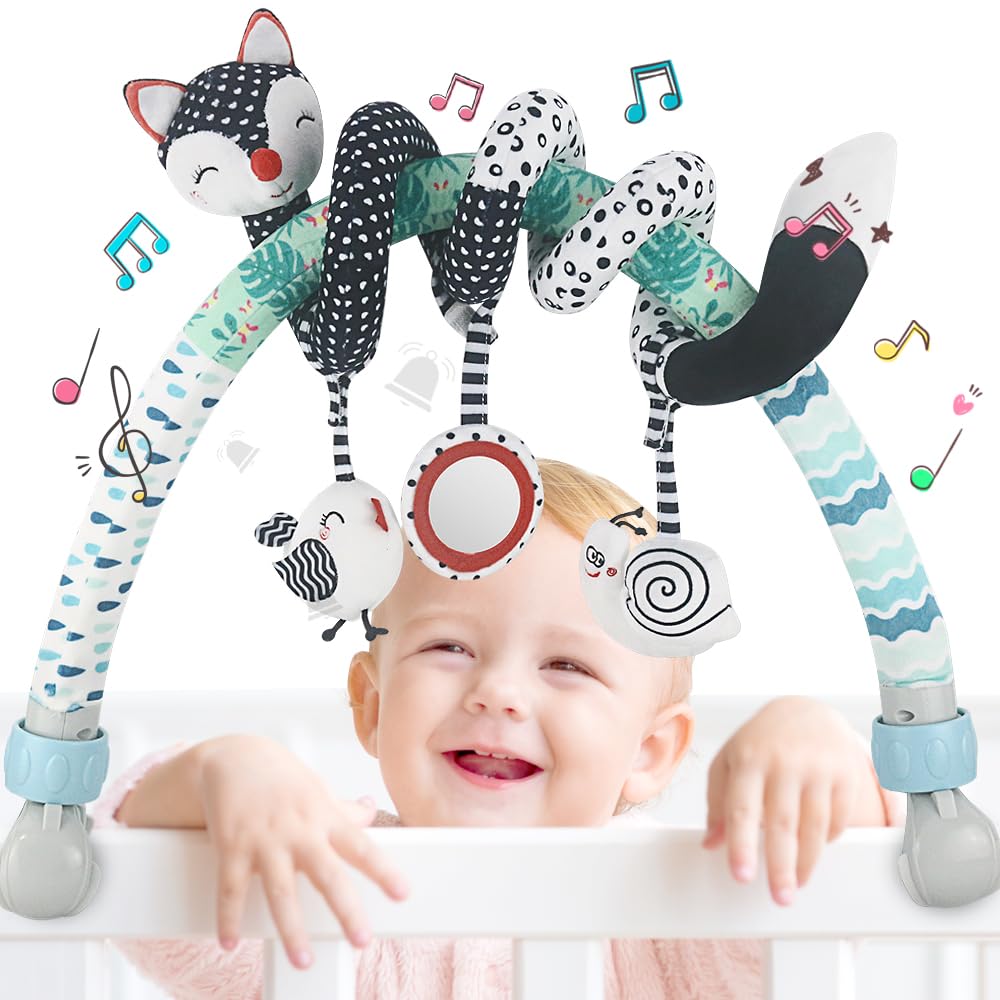 Caterbee Baby Stroller Arch Toys, Black and White Hanging Toy Activity Set, Stretch & Spiral Adjustable Clamp for Cribs & Car Seats, Includes Rattles, Squeaker & Teether for Newborns and Infants (02)