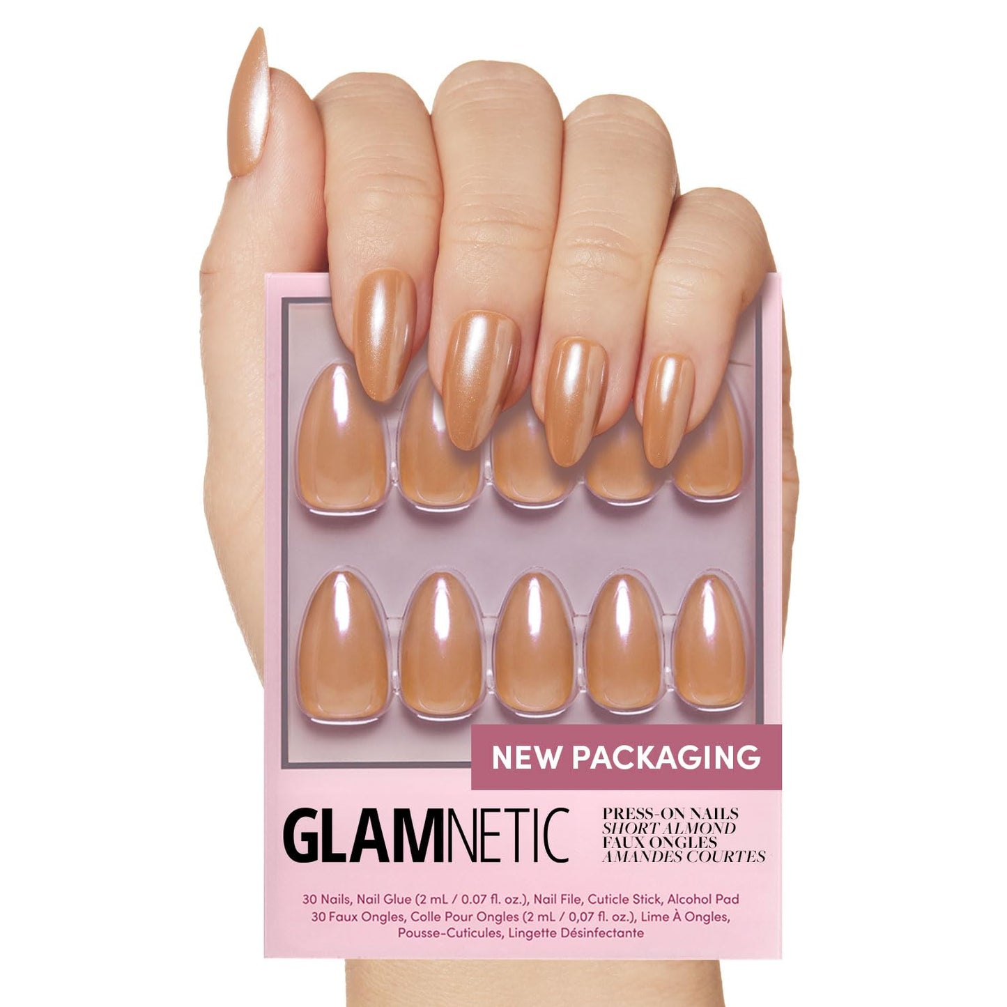 Glamnetic Press On Nails - Maple Glaze | Short Almond Nude Brown Neutral Fake Nails with Glaze Finish | 15 Sizes - 30 Nail Kit with Glue