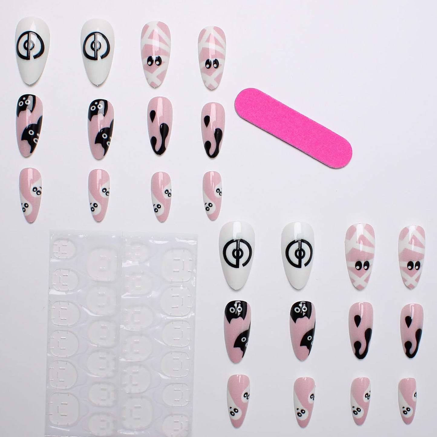 24Pcs Short Almond Press on Nails Halloween Fake Nails with Black Cat Ghost Mummy Design Cute Halloween False Nails Cute Full Cover Nails Press ons Reusable Stick on Nail for Women Artificial Nail