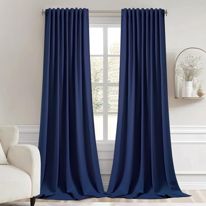 MIULEE Navy Blue Back Tab Blackout Curtains 108 Inch Long 2 Panels Set for Bedroom, Rod Pocket/Pinch Pleat Extra Long Thermal Insulated Living Room Darkening Pleated Light Blocking Drapes