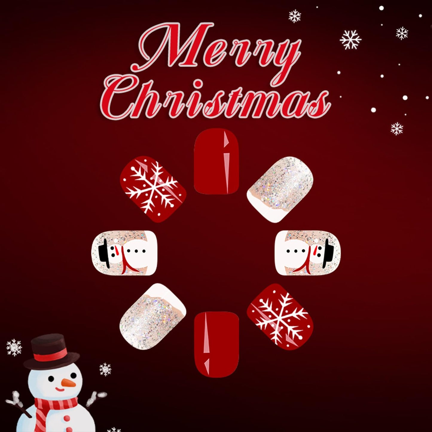 Christmas Press on Nails Short Square Fake Nails with White Snowflake Snowman Design Silver Glitter Xmas Red Full Cover Glossy False Nails Press ons Glue on Nails for Girls 24Pcs