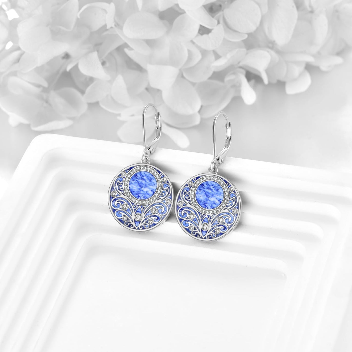 Blue Natural Stone Leverback Dangle Earrings Sterling Silver Filigree Endless Circle Drop Earrings Jewelry Gifts For Women