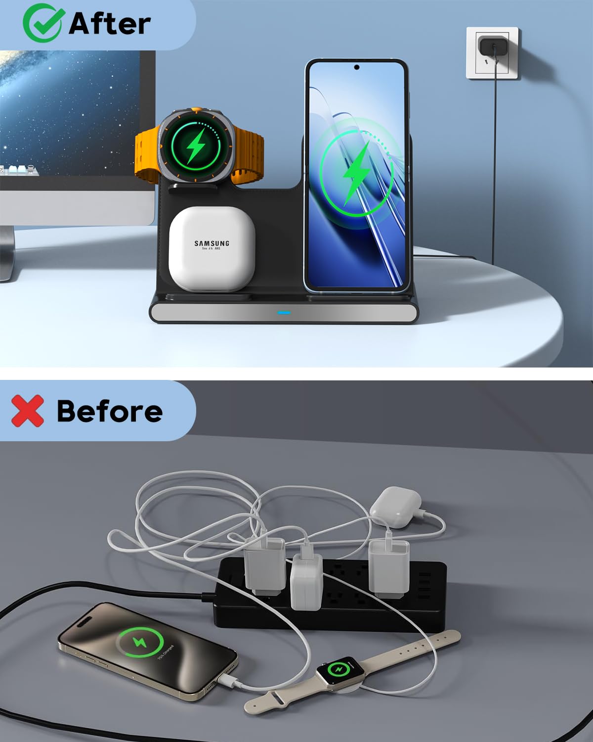 3 in 1 Wireless Charger Fast Charging Stand for Samsung, 15W Foldable Phone Charger Stand Android Charging Station for Samsung Galaxy S25/S24/S23 Ultra,Z Flip 6/Flip 7,Z Fold 6/Fold 7,iPhone 17/16/15