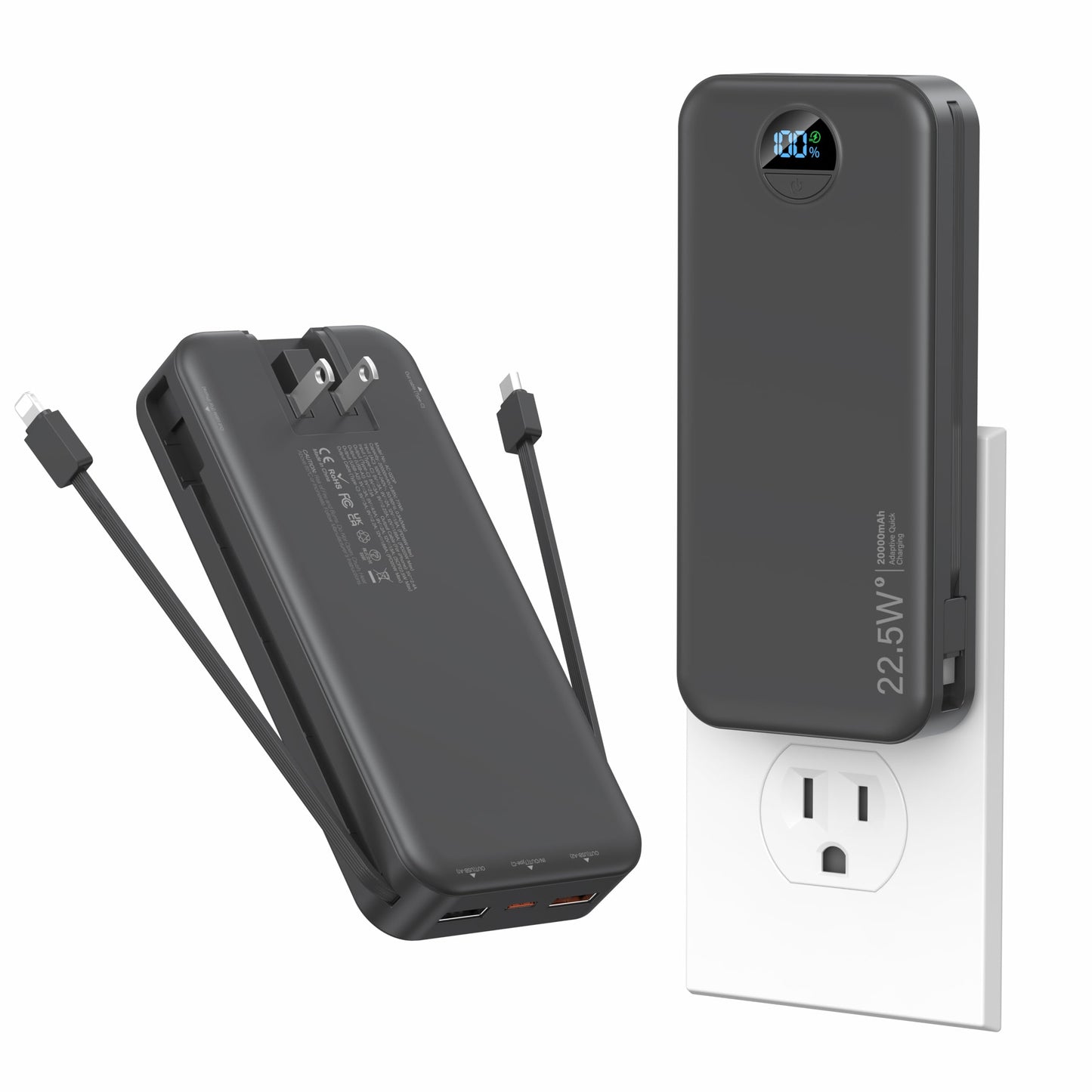 Ffnpua Portable Charger with Wall Plug, 20000mAh USB C Fast Charging Power Bank, External Battery Pack with Built in Cables, Digital Display, 5 Output 2 Input for iPhone Android Cell Phone Tablet