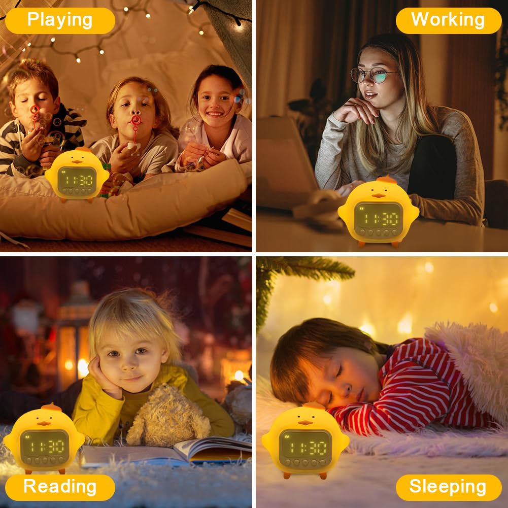 LVOERTUIG Cute Duck Alarm Clock for Kids, Digital Clock, Night Light, Children's Wake Up Lamp, Silicone Rechargeable Alarm Clock Lamp for Bedroom Decor, Birthday Gift (Yellow)