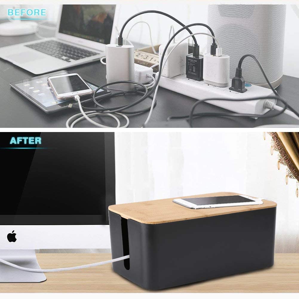 Cable Management Box, 2 Pack Bamboo Lid Large Storage Wires Organizer Holder for Home, Desk, TV, Computer, USB Hub - to Cover Hide Surge Protector Conceal Power Strips & Cords (Black)