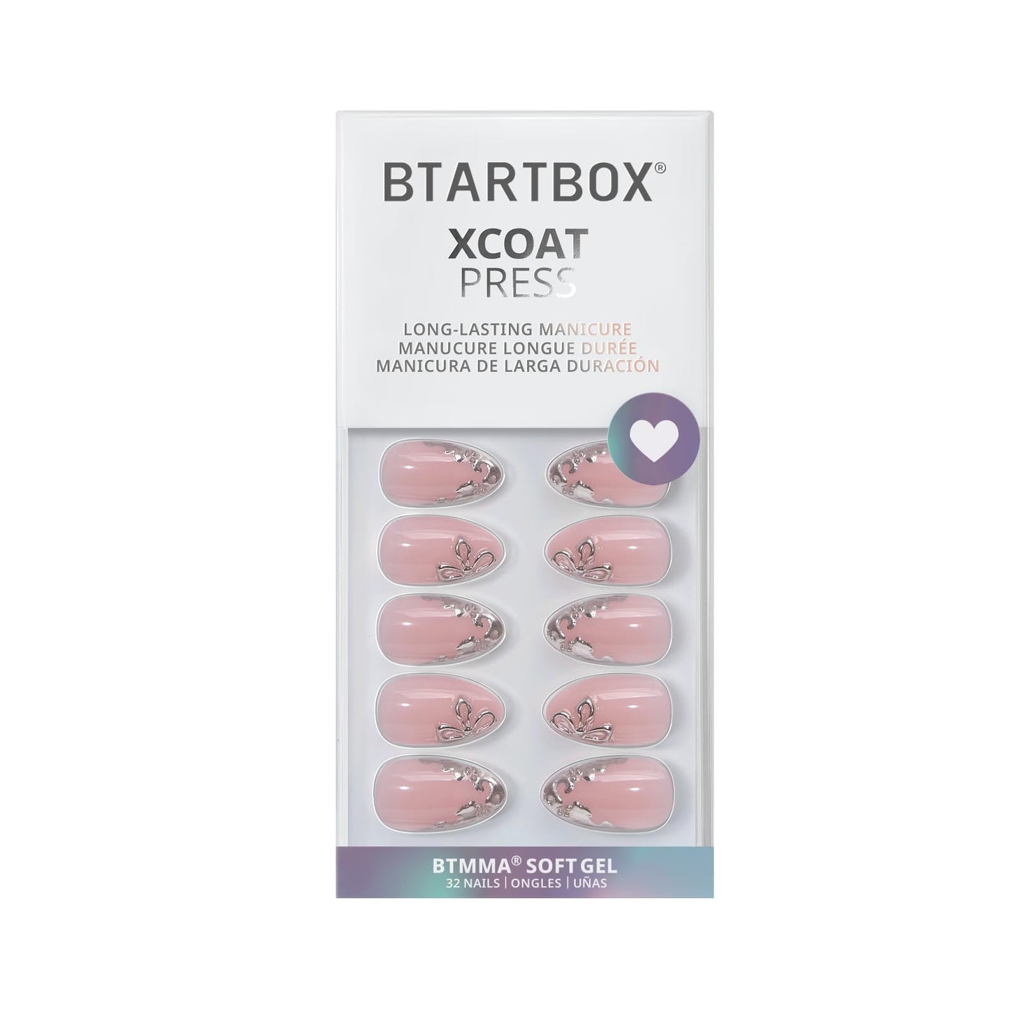 BTArtbox Press On Nails Short - Frost Glam, Lamp-Curable 3D Silver Flower Almond Press On Nails with Glue and Adhesive Tabs for Women in 16 Sizes - 32 Soft Gel Glue On Nails Kit