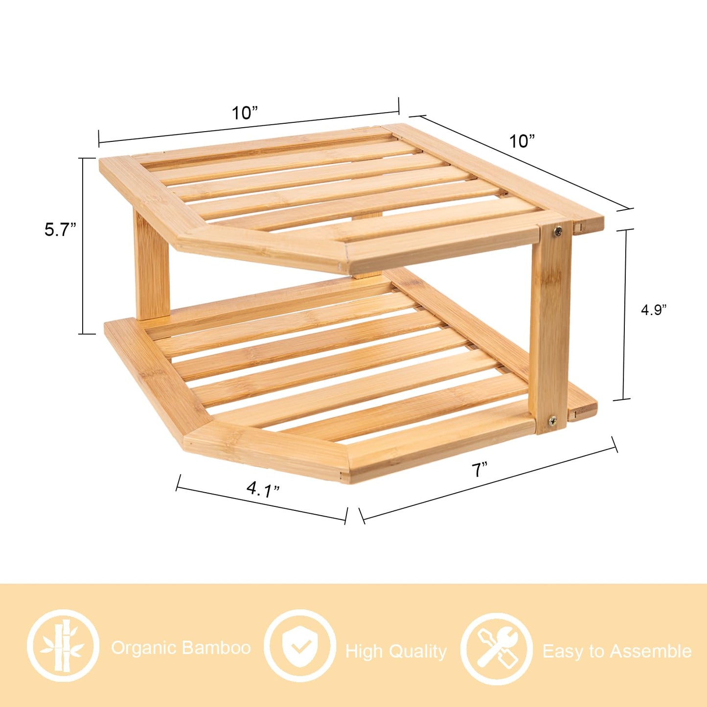 VERTORGAN Bamboo Corner Shelf(2 Pack),2 Tier Plate Organizer for Cabinet and Countertop,Pantry Dish and Spice Rack for Kitchen