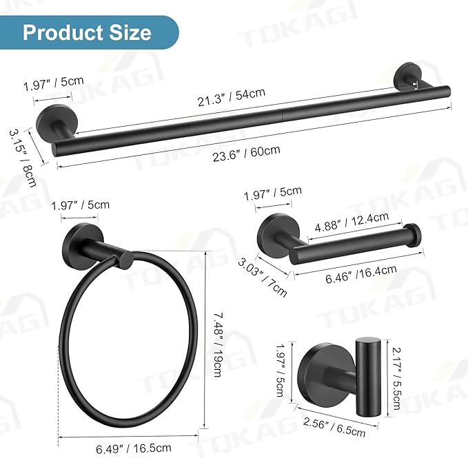 TQKAG Matte Black Bathroom Hardware Accessories Set 10-Pieces, Premium SUS304 Stainless Steel Bathroom Towel Bar Holder Set 23.6 Inch Round Towel Racks for Bathroom Wall Mounted