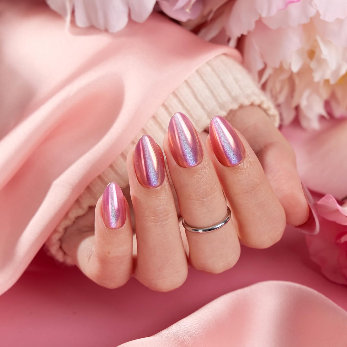 Press on Nails - Short Almond Pink Chrome Cat Eye Nails & Blue Cat Eye - 2 Reusable Nails Kit (Nourishment Nails & Mini Pack) - 16 Sizes