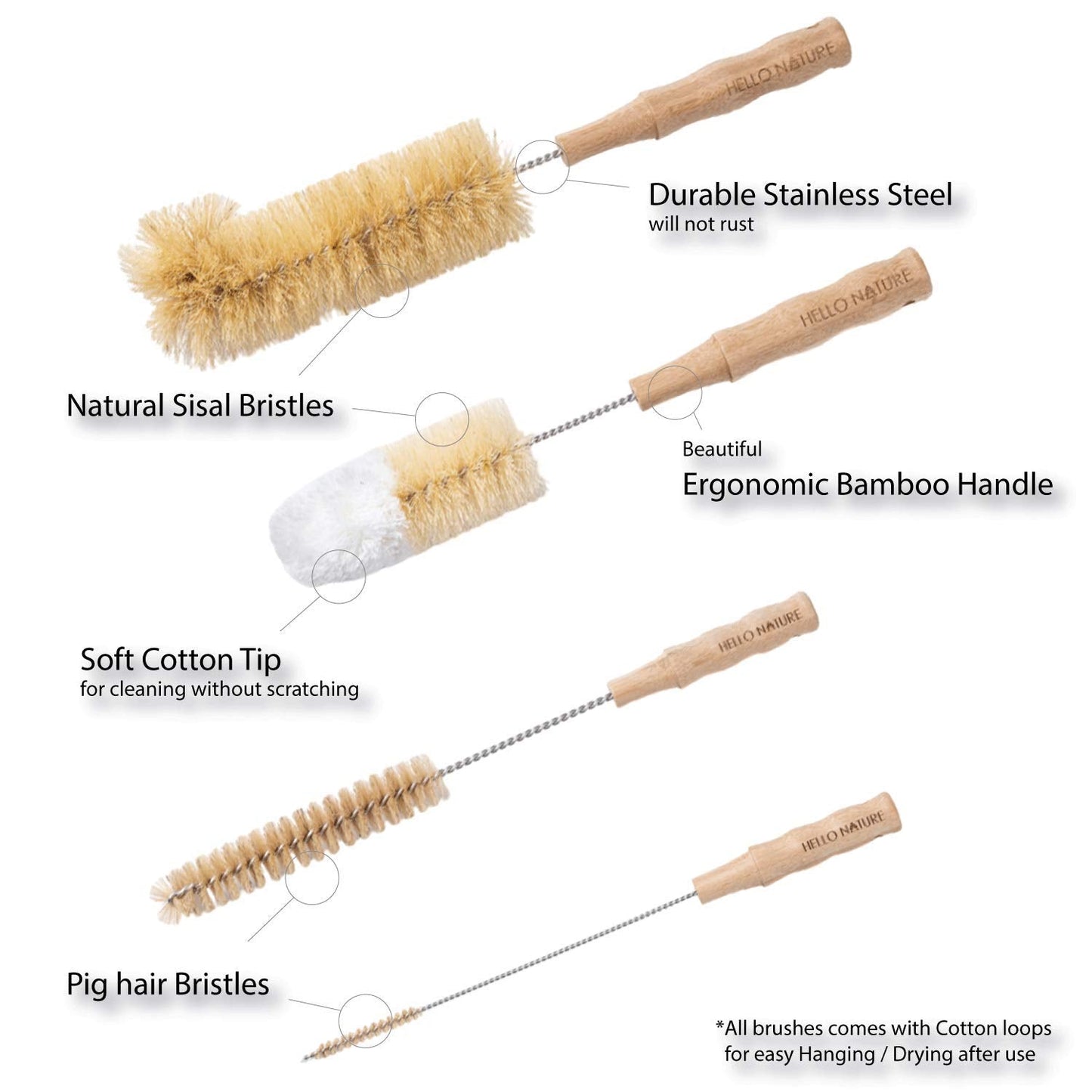 4 Pcs Bamboo Bottle Brush Set by HELLO NATURE – Long Handle Cleaning Brushes for Water Bottles, Baby Bottles & Glassware, Sustainable & Plastic-Free