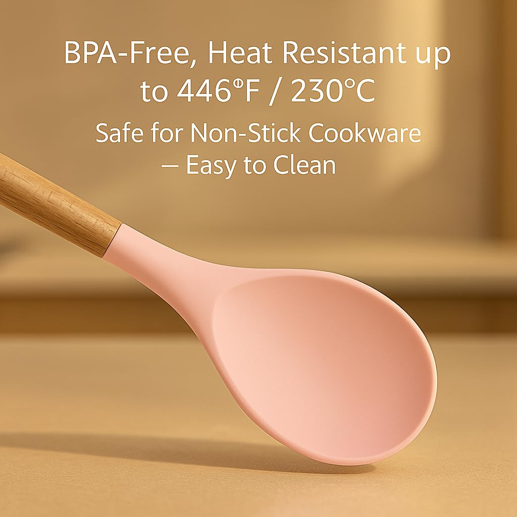 19-Piece Pink Kitchen Set for First Apartment - Complete Silicone Cooking Utensils with Wooden Handles, Pink Knife Set, Cutting Board & Holder - All-in-One Kitchen Starter Kit for New Home, BPA-Free