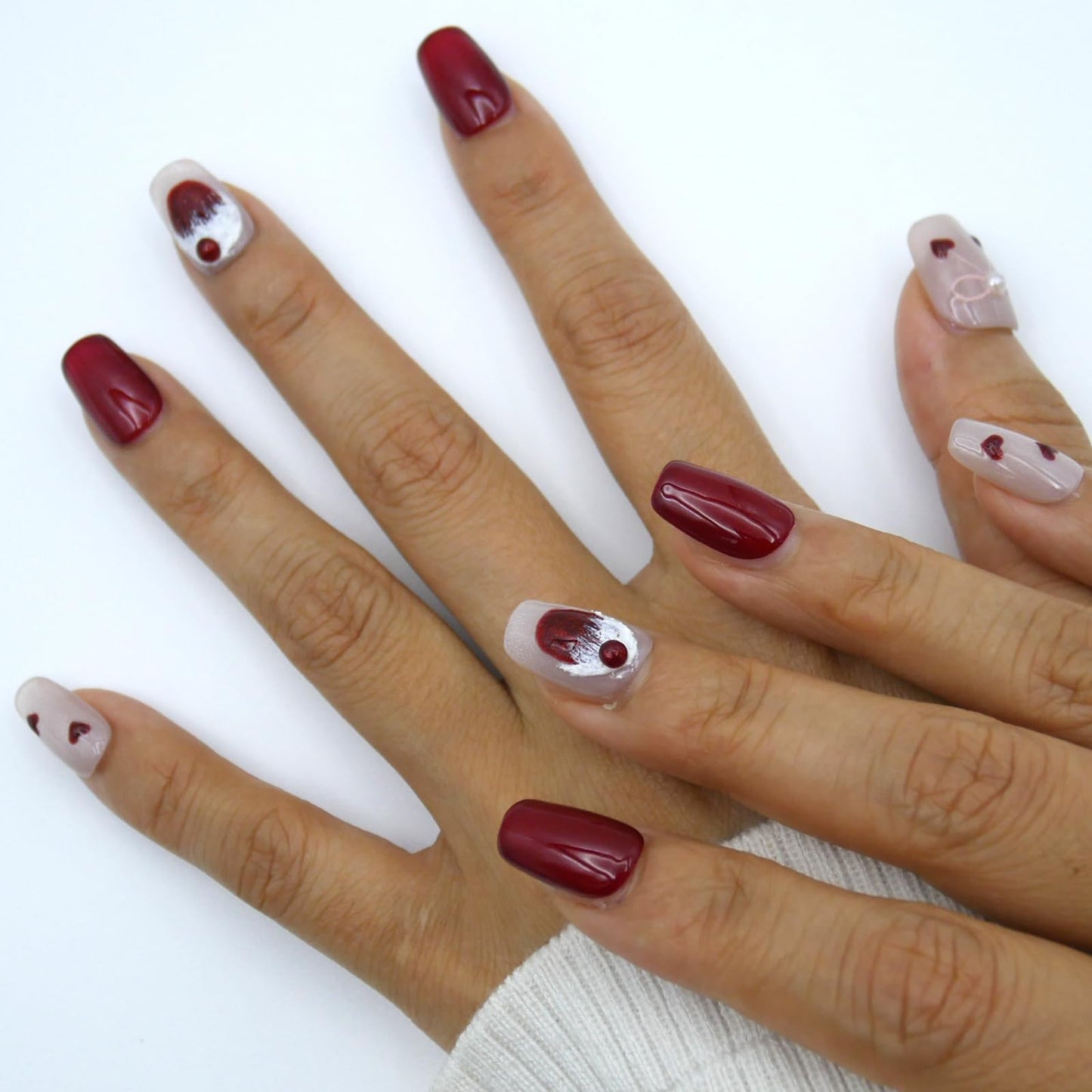 Pearl White and Red Holiday Design with Hearts and Bowson on Nail Art Design for Women, Short Press-On Nails, in 10 Sizes