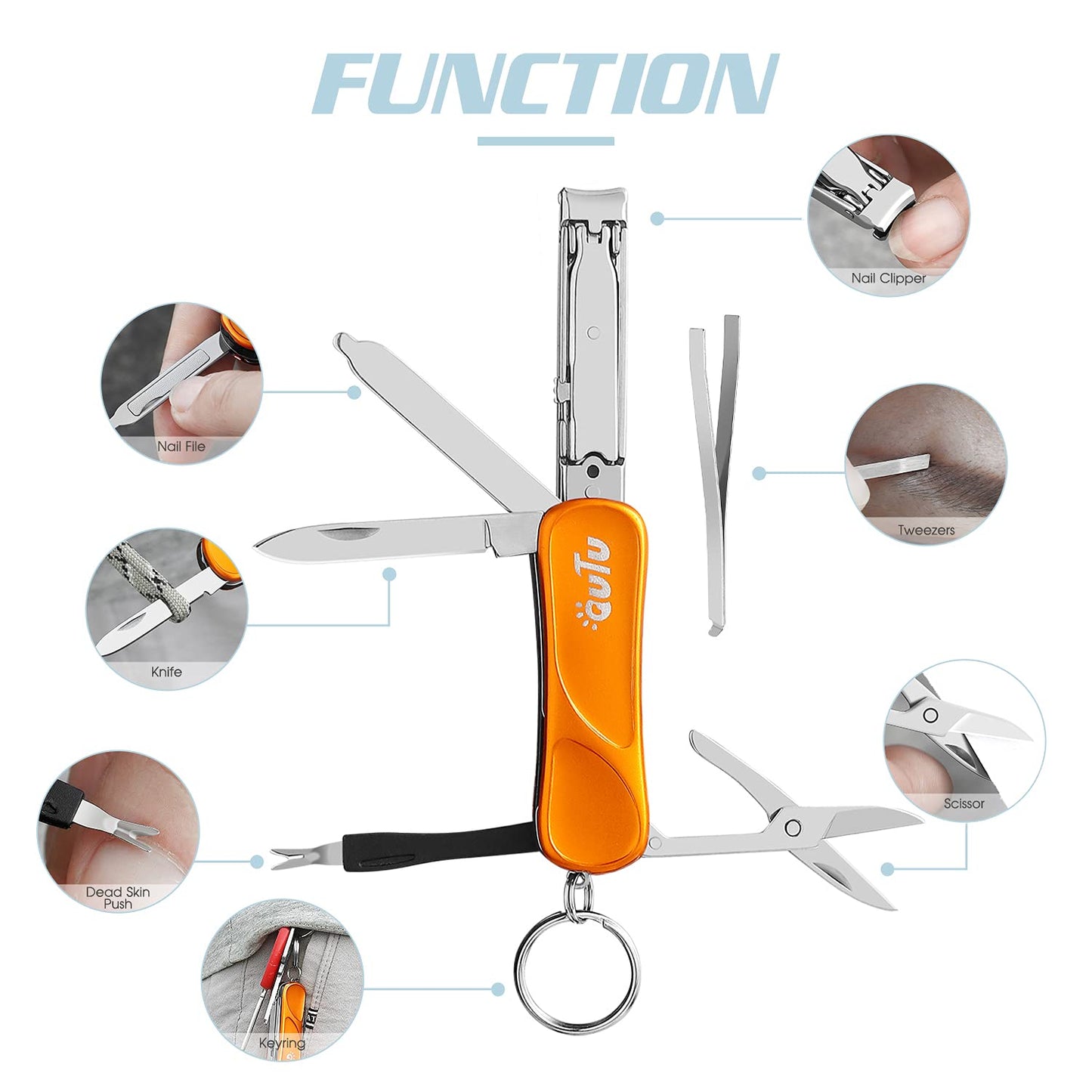 OUTU Keychain Nail Clippers Multitool, 7 in 1 EDC Utility Tool with Nail Clipper, Scissors, Gifts for Him Men Husband Dad Boyfriend (Orange)