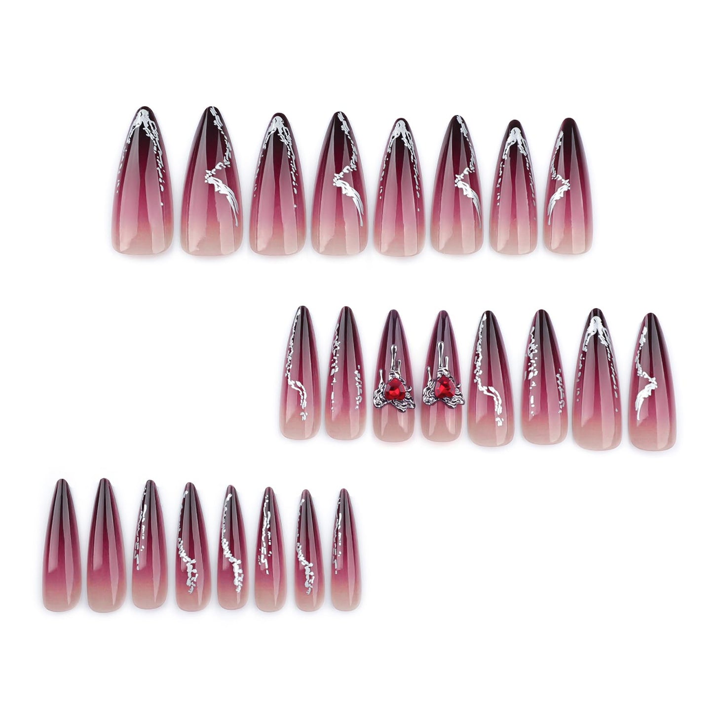 24 Pcs Dark Red Press on Nails Long Almond Fake Nails with Glitter Rhinestones Design Reusable False Nails Kit Acrylic Nails Press ons Artificial Stiletto Nails Full Cover Stick on Nails for Women