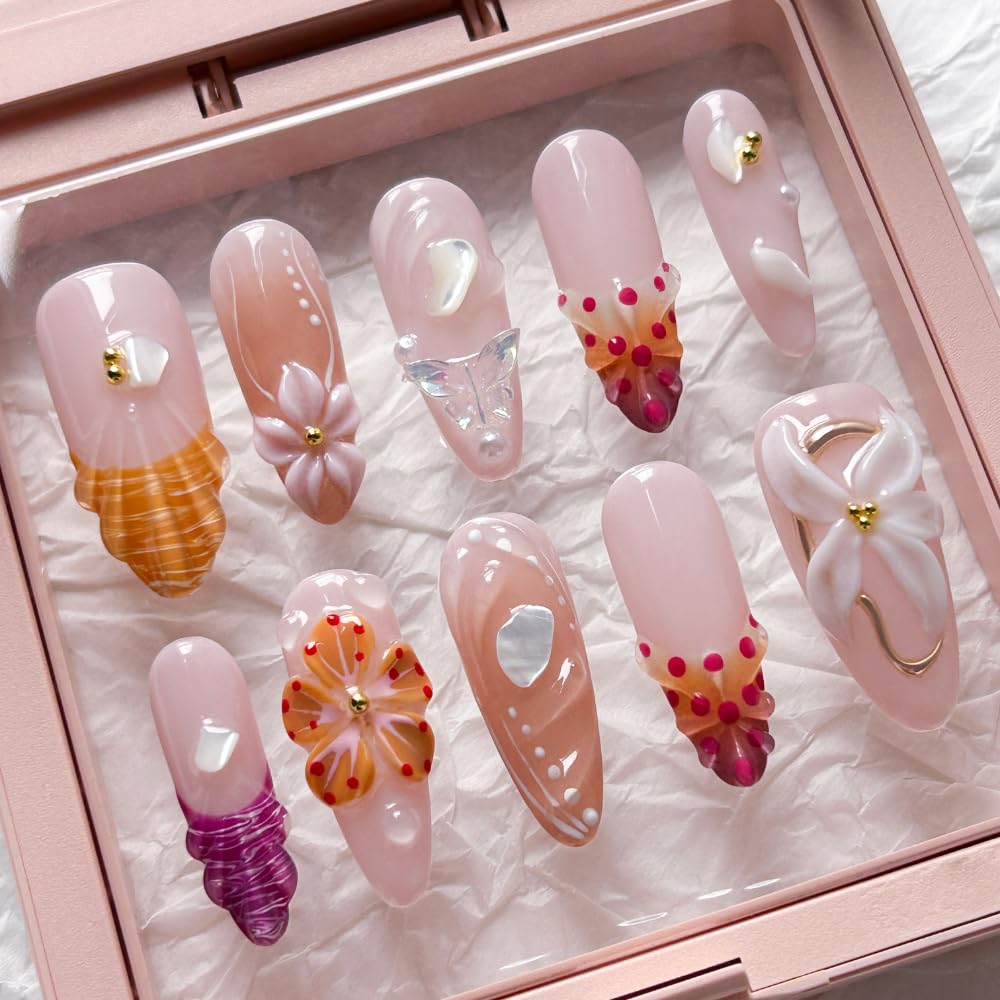 MAGLFELL Handmade Acrylic Press On Nails, 3D French Long Almond False Nails for Women, Reusable ABS Material Fake Nails, 10 Pcs Almond Stick On Nails, DIY Fingernails Art At Home (Size M)