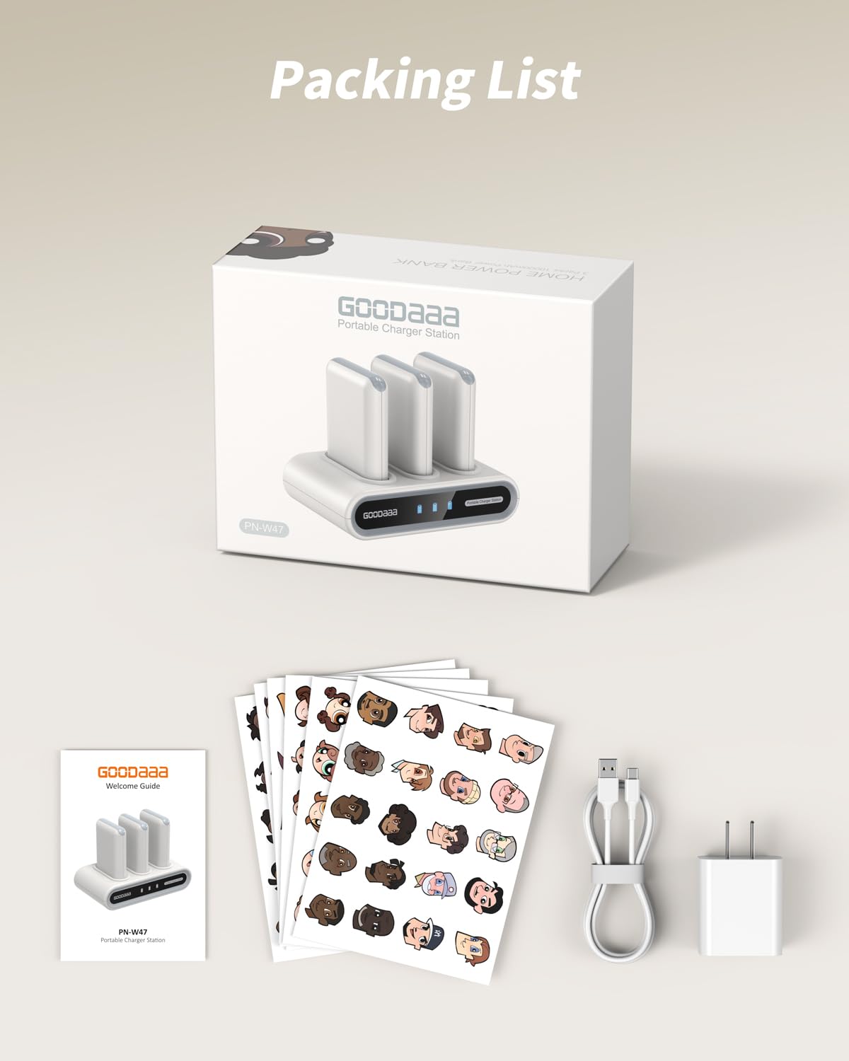 GOODaaa Portable Charger, 3-Pack 10000mAh Slim Power Bank Built in Cables, 3 Outputs 1 Inputs Family Power Hub for All Mobile Devices, Charging Station Set Includes 180 DlY Stickers, for Home,Office