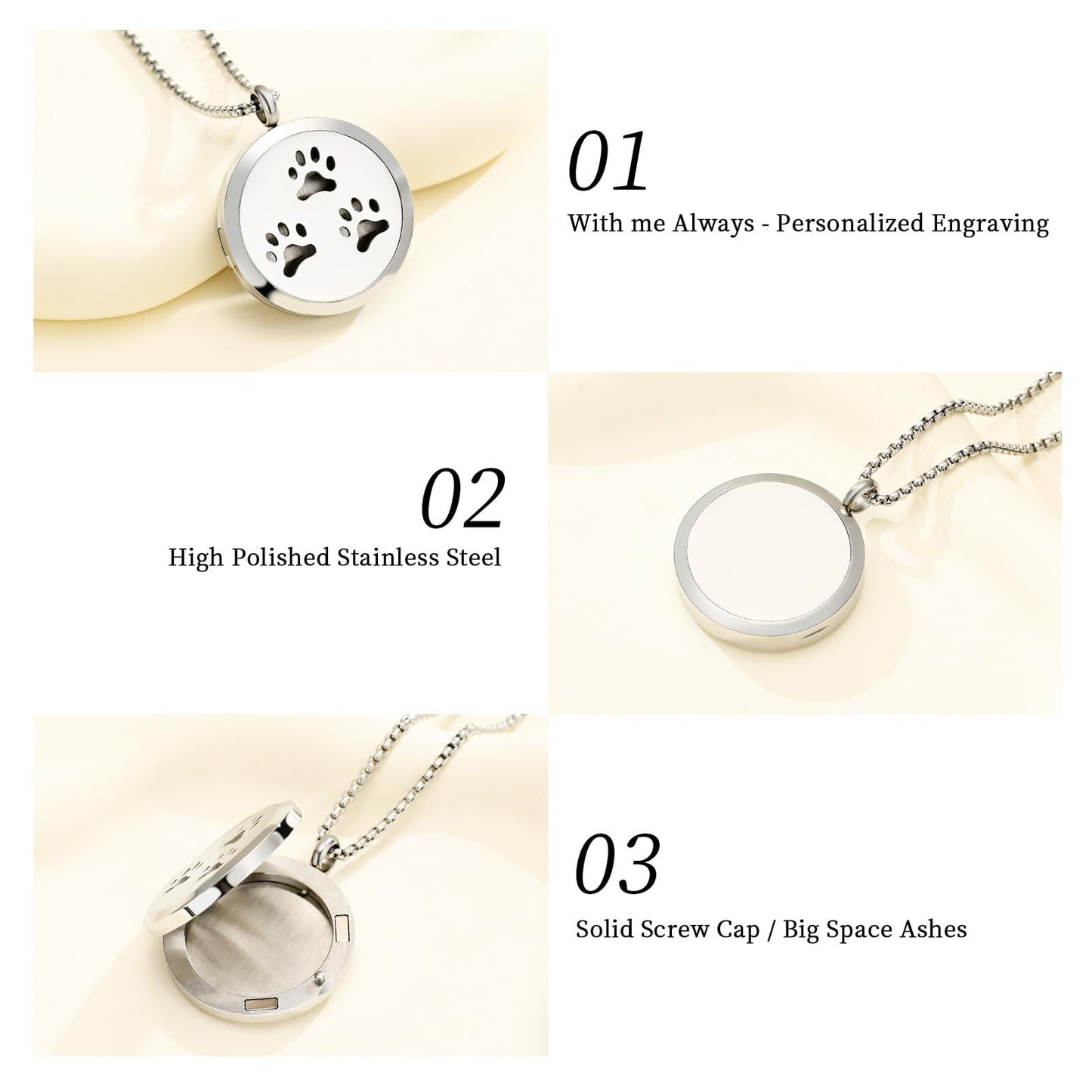 Minicremation Stainless Steel Paw Print Round Perfume Essential Oil Diffuser Pendant Necklace Women Aromatherapy Essential Oil Diffuser Locket Pendant Necklace, with Refill Pads