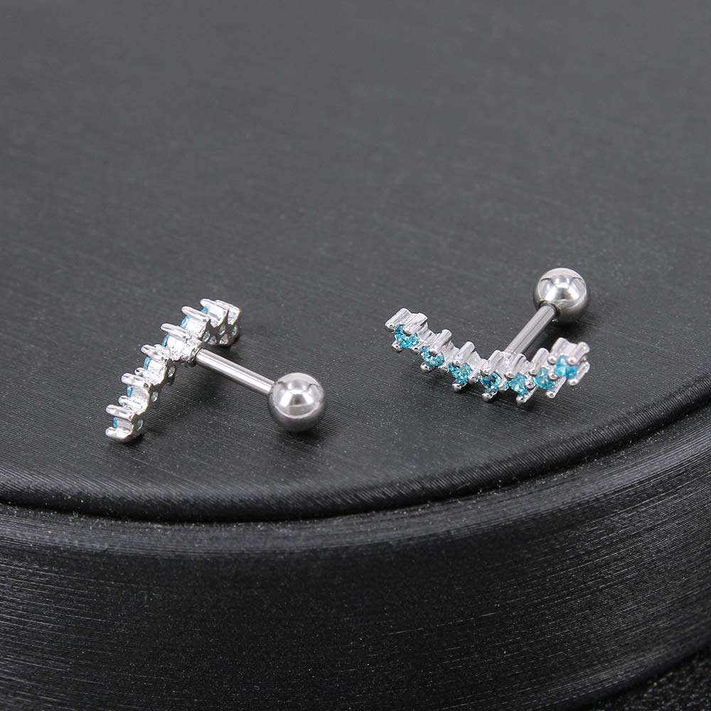ZS Curve Seven Stud CZ Stud Earrings 316L Stainless Steel Ear Helix Conch Cartilage Piercing (Light Blue)