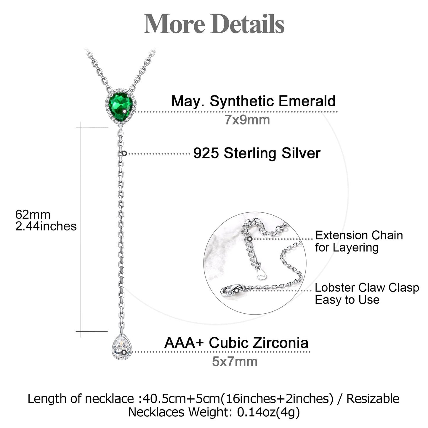 FOCALOOK May Birthstone Necklace for Women Mom 925 Sterling Silver Simulated Emerald Pear Lariat Pendant with Chain Birthday Jewelry