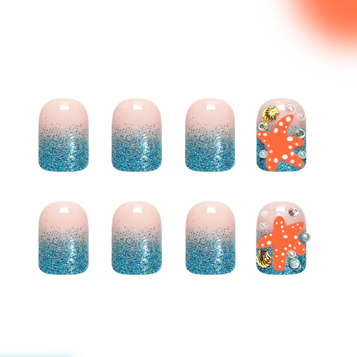 Glitter Press on Nails Short Square Fake Nails with Shell Starfish Pearl Rhinestones Designs Nails Press ons Blue Nude Ombre Glue on Nails Cute Artificial Nails Summer Stick on Nails for Women 24Pcs
