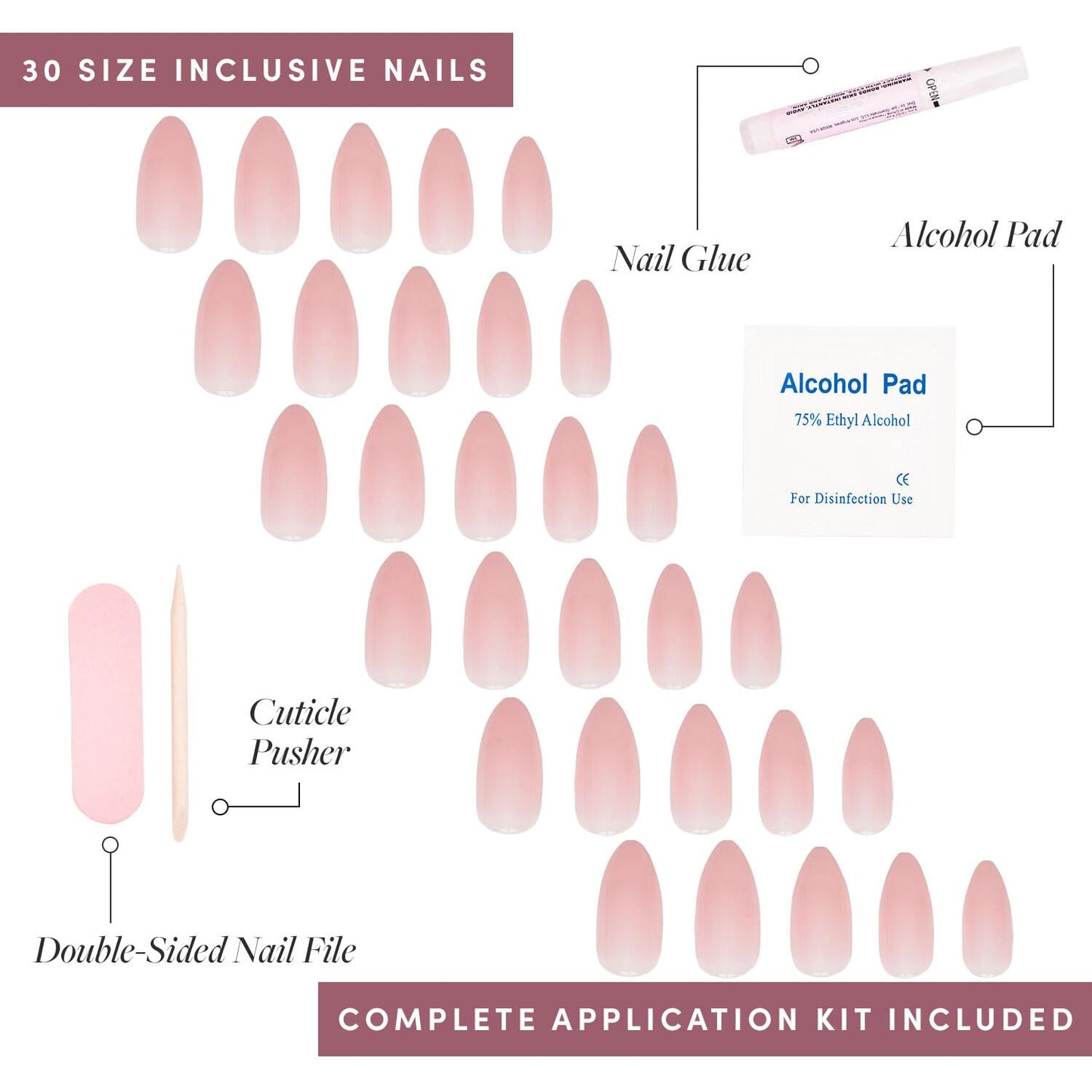 Glamnetic Press-On Nails - Cloud 9 | Super Strong Brush On Nail Glue & Nail Adhesive Tabs | Medium Pointed Almond Pink Fake Nails with a Jelly UV Finish | 15 Sizes - 30 Nail Kit with Glue & Nail Tabs