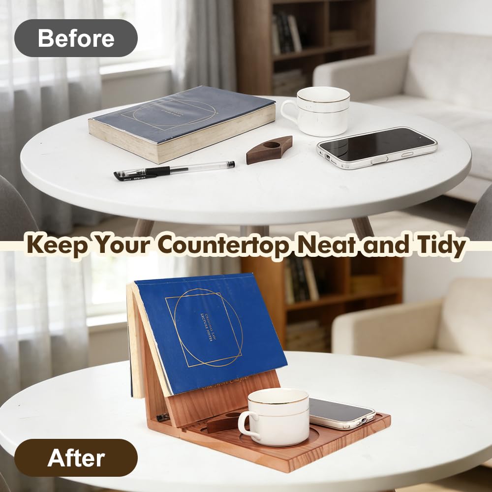 Triangle Book Holder Stand & Reading Valet, Foldable Wooden Book Rest with Cup, Phone, Glasses & Pen Holder, Includes Thumb Page Holder, Ideal Reading Accessory Gift for Book Lovers, Readers