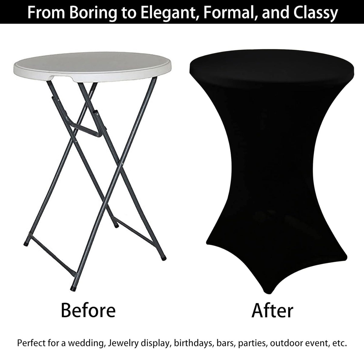 12 Pack Pack Cocktail Spandex Tablecloth 32"x43" Cocktail Table Cover Fitted for High Top Round Table for Bar Wedding Birthday Party Banquet (Black)