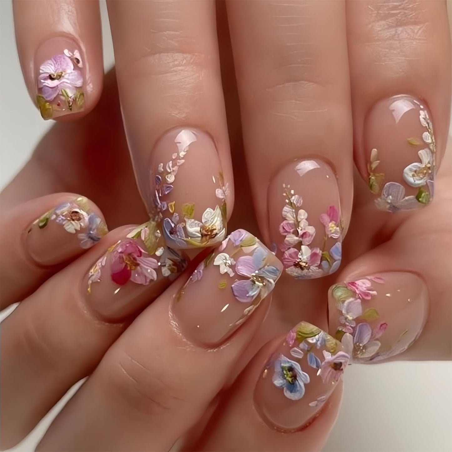 Flower Press on Nails Short Square Fake Nails with Floral Designs Nude Pink False Nails Press ons Spring Summer Stick on Nails Colorful Flower Glue on Nails for Women Manicure