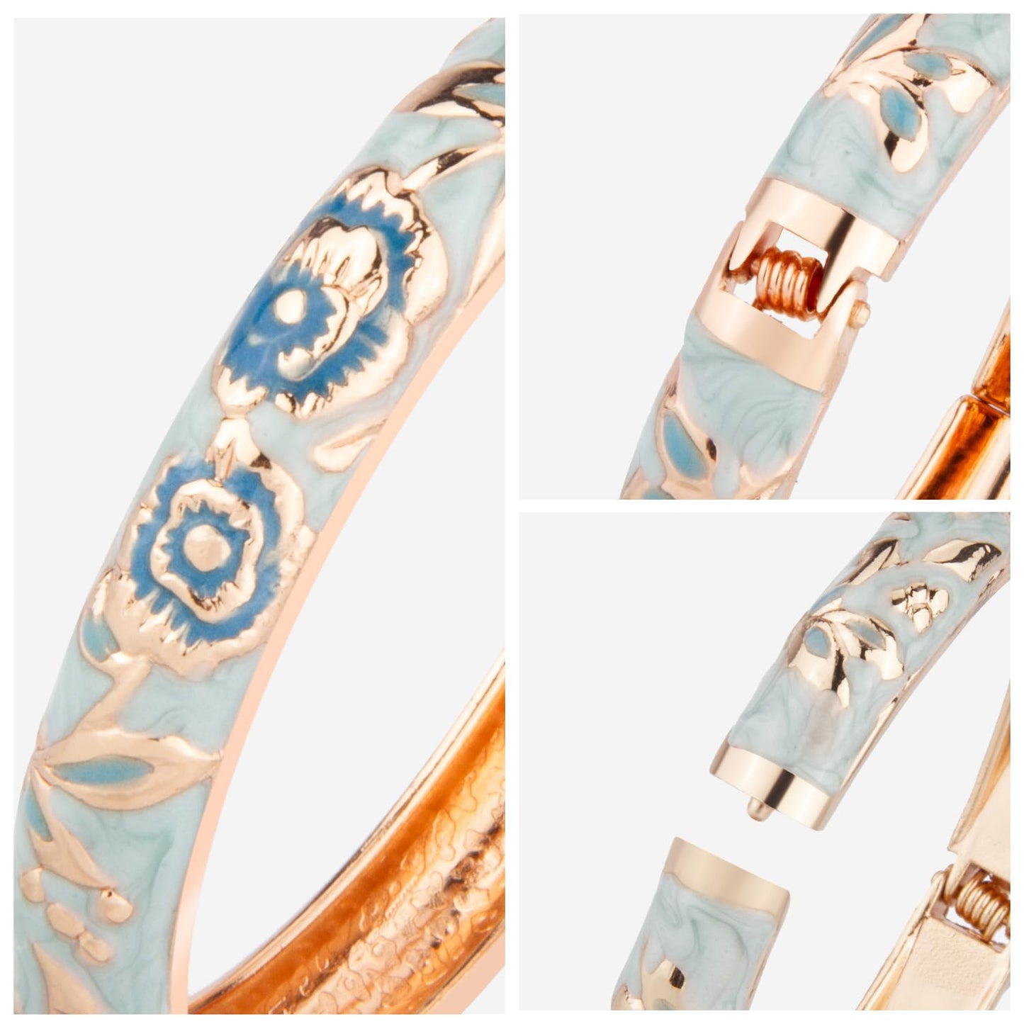 UJOY Flowers Bracelet Multi-Colors Cloisonne Wedding Jewelry Gift Women Enameled Bangles Opening Hinged 55A106 Light Blue