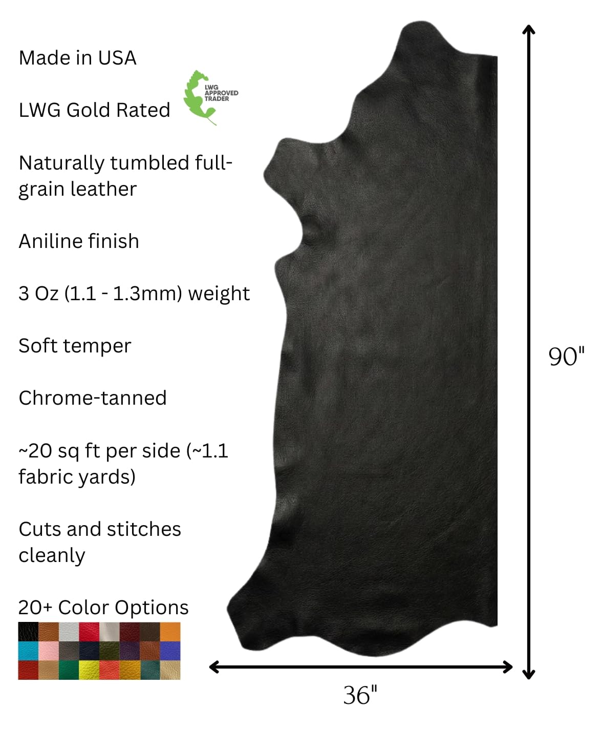 Premium Genuine Leather Natural Grain Cowhide Hides – High-Quality Leather Skins for Upholstery, Crafting, Tooling, Sewing, and DIY Leather Projects (Black, 20 Square Feet (Full Side))