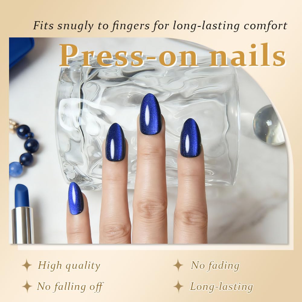 evpct Dark Blue Press on Nails Almond Short, Royal Blue Cat Eye Glitter Press on Nails for Women Gift, Soft Gel Press Stick on Nail with Nail Kit, Full Cover, 30Pcs Reusable Acrylic Fake Nails Kit