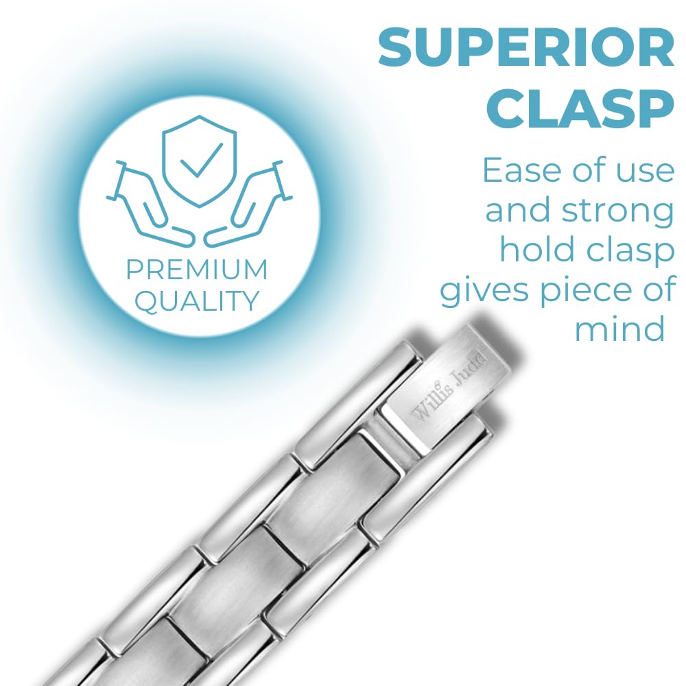 Willis Judd Double Strength Magnetic Bracelet for Men - Adjustable Length with Sizing Tool Silver