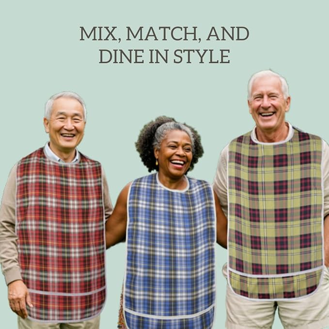 Modaliv 3-Pack Adult Bibs – Waterproof, Reusable Eating Aprons with Crumb Catcher, Machine Washable Clothing Protectors for Seniors, Elderly & Special Needs