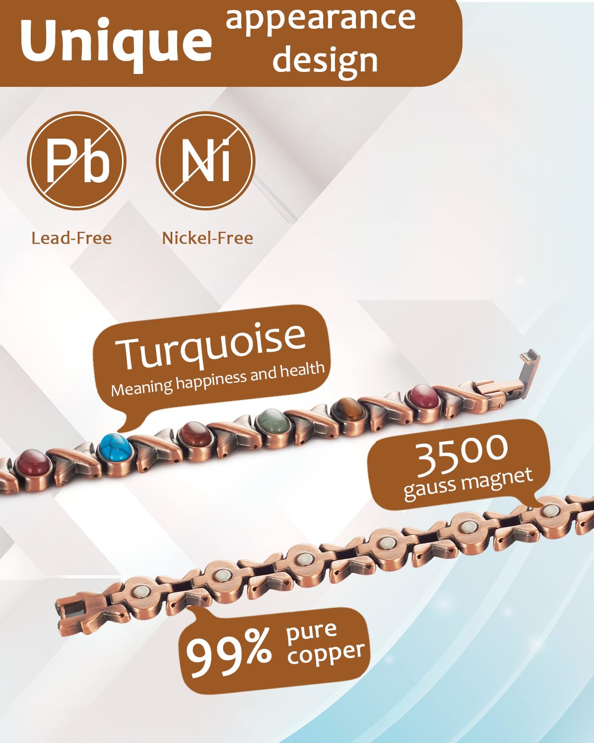 MagVIVACE Pure Copper Bracelet for Women, Magnetic Bracelets with 3500 Gauss Magnet(D)