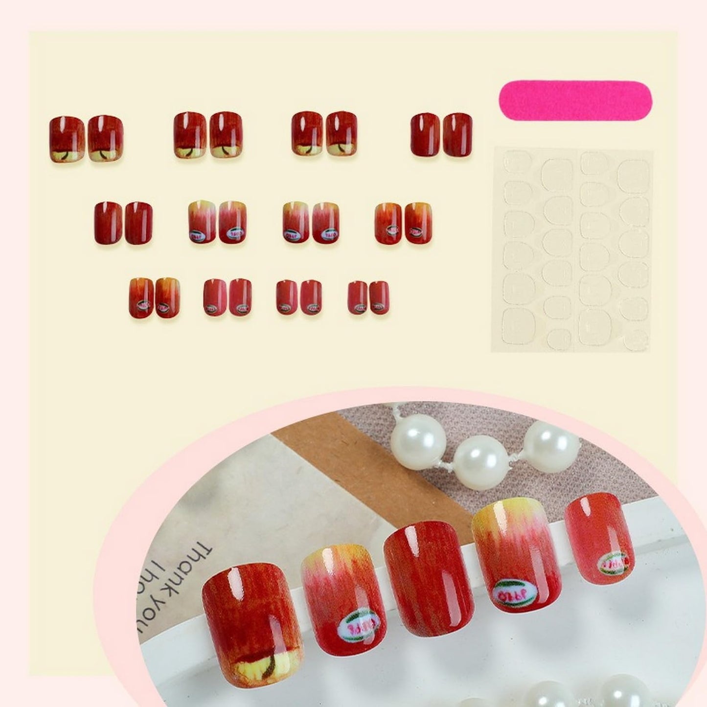 Short Press on Nails Square SWEKKE Cute Fake Nails Funny False Nails with Apple Fruit Designs Glossy Glue on Nails Full Cover Acrylic Nails for Women Girls 24Pcs