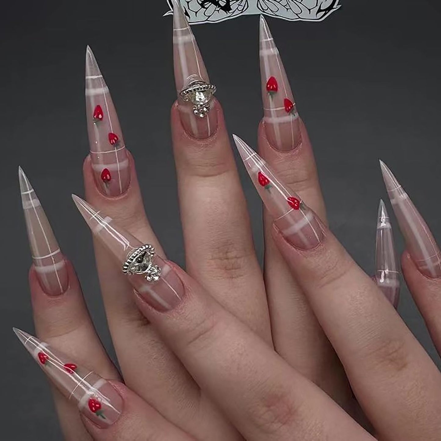24Pcs Almond Tip Press on Nails Long Length Strawberry Pattern Design Lattice False Nail Silver Rhinestones Stick on Nail Full Cover Glossy Reusable Artificial Acrylic Nail Glue on Nails for Women