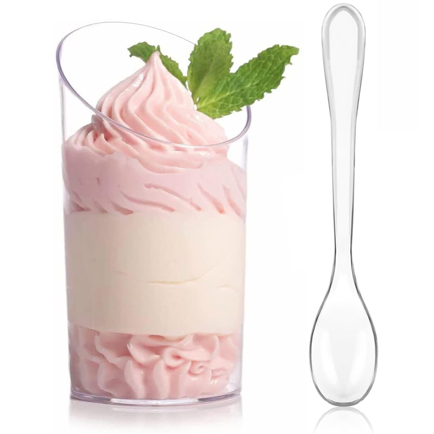 Zezzxu Mini Dessert Cups with Spoons 50 Pcs, 2.2 oz Plastic Small Dessert Shotter Cups Slanted Appetizer Cups for Serving Mousse Pudding Triffle, Serves 25