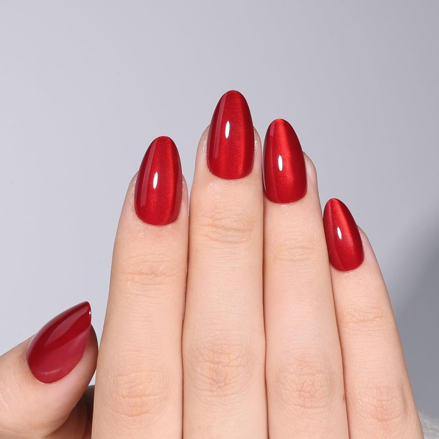 Leefrei Cherry Red Cat Eye Press On Nails - Short Almond Red Cat Eye Glow False Nail Tips Women, DIY Glossy Fake Nails Kit with Glue, Reusable Nails Short in 16 Sizes - 32pcs, Cherry Catseye