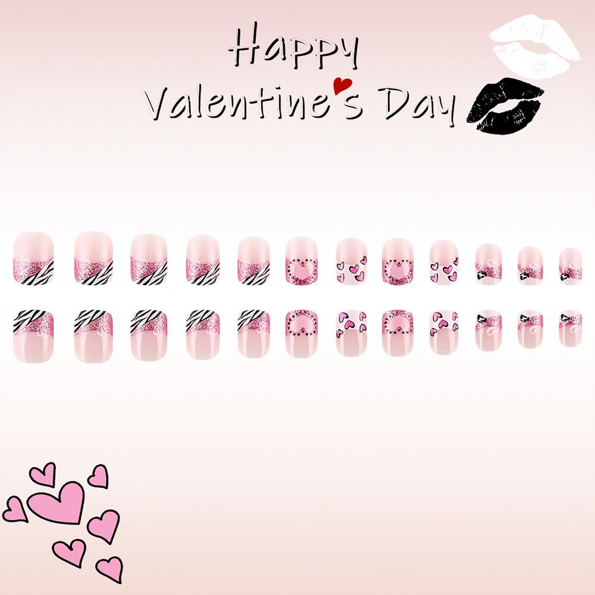 24Pcs Valentines French Tip Press on Nails Short Square Fake Nails Pink Red Heart Design Red Lips False Nails Glossy Full Cover Artificial Glue on Nails Glitter Stick on Nails for Women Manicure Kit