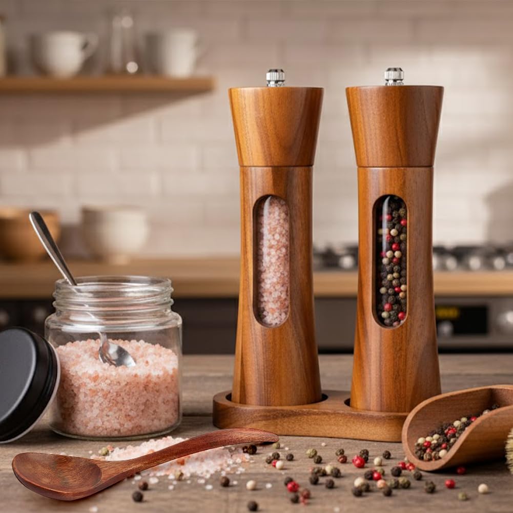 Wooden Salt and Pepper Grinder Set, Manual Spice Mills with Wooden Spoon, Cleaning Brush,Stable Base Plate,8 Inch Refillable Salt and Pepper Mills Adjustable Coarseness