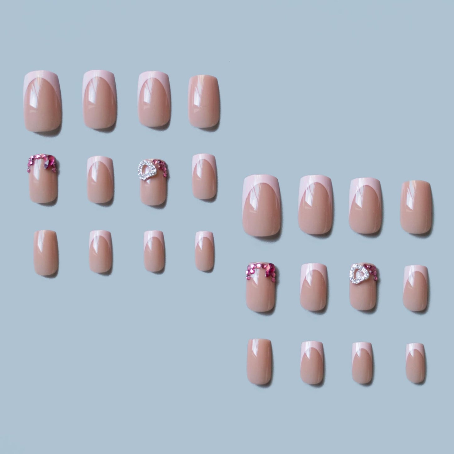 IMSOHOT Short Square Press on Nails Pink Rhinestone French Tips Fake Nails with Heart Design Full Cover Glossy Artificial Acrylic False Nails Cute Stick on Nails for Women Girls