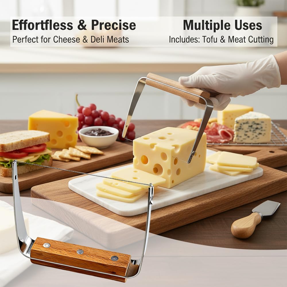 2 Pack Cheese Slicer - Stainless Steel Wire Cheese Slicer with Wooden Handle,Cheese Cutter Wire Board for Hard and Block Cheese,Manual Cheese Slicer,Cheese Cutting Board with Wire Cutter