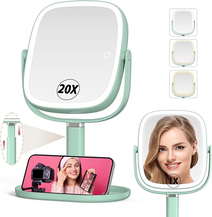 Mocado Makeup Mirror with Lights, 1X/20X Magnifying Mirror with Light, Vanity Mirror with 3 Colors Lights, Height Adjustable Lighted Makeup Mirror, Double Sided 360°Rotation, Memory Function (Green)