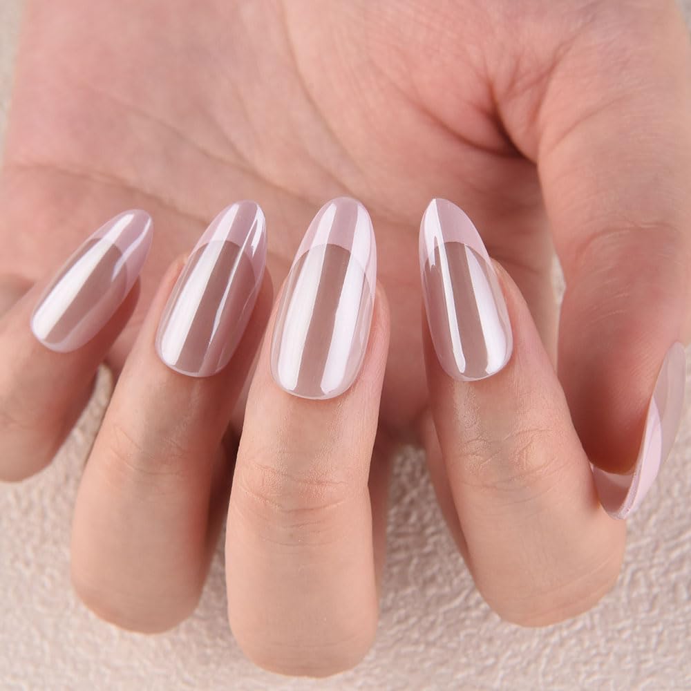 evpct French Tip Press On Nails Medium Almond No Glue, Nude Pink Tips, Chrome Glazed Glossy Medium Almond Fake False Press on Nails, Soft Stick on nail Press ons with Nail Kit, Reusable Salon-quality
