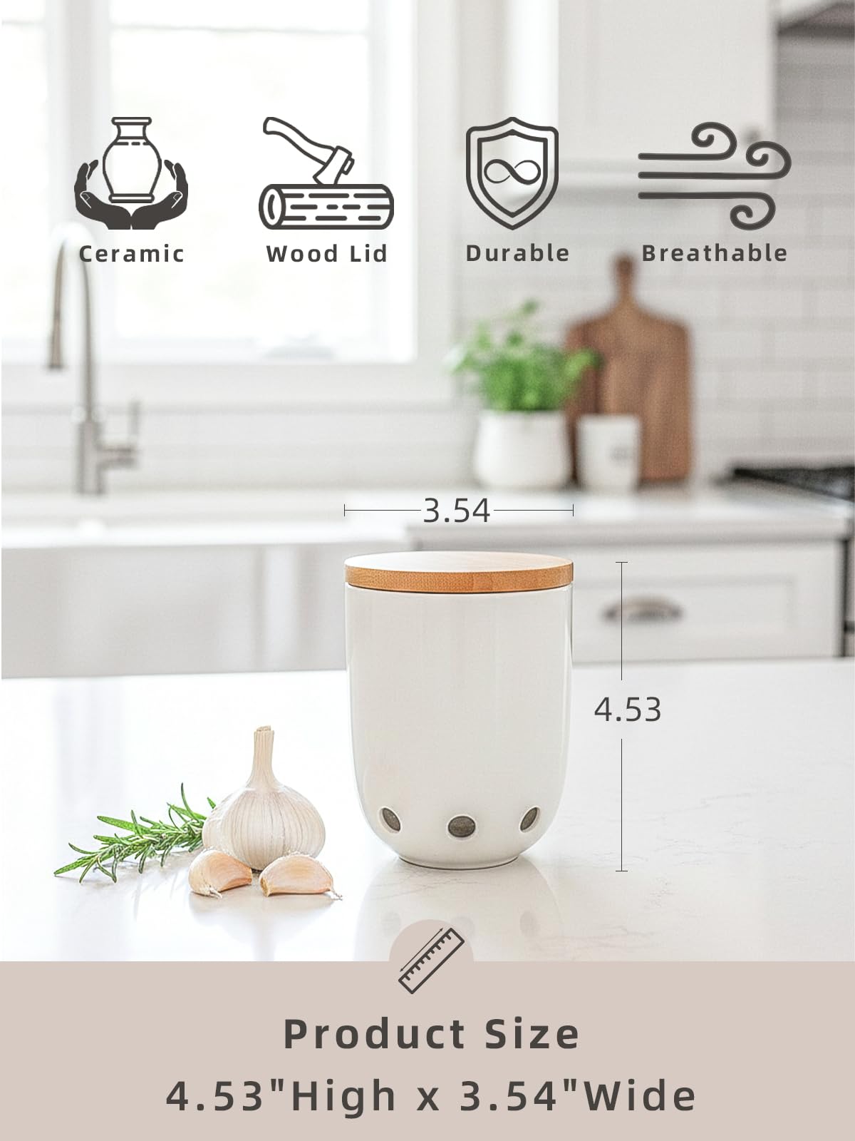 LEETOYI Ceramic Garlic Keeper for Counter, Garlic Holder with Wood Lid, Garlic Container for Kitchen, Garlic Saver to Keep Your Garlic Cloves Fresh Longer (White)
